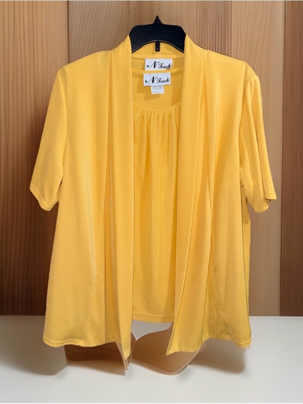 Vtg N Touch Women’s Yellow Short-Sleeve Open Cardigan w Sleeveless Blouse-L-EC